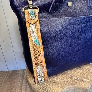 Genuine Leather Strap Tooled Leather Western Keychain Feather Wristlet Strap